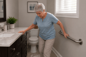 Senior woman using bathroom grab bars as part of fall injury prevention