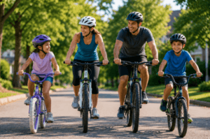 Family wearing helmets while biking outdoors during summer