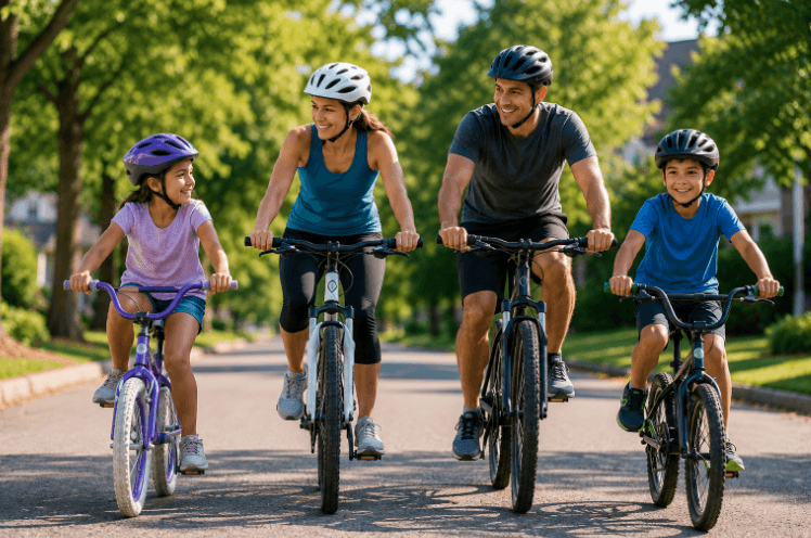 Family wearing helmets while biking outdoors during summer