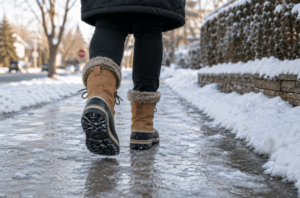 Person wearing winter boots walking carefully on an icy sidewalk