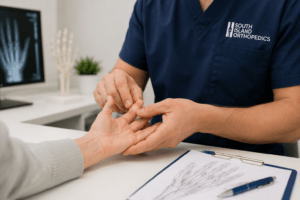 Orthopedic hand specialist examining trigger finger symptoms in a patient