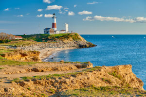 Lighthouse along the rocky coast of Long Island.