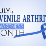 July is Juvenile Arthritis Awareness Month in different colored text with a blue awareness ribbon on light blue background.
