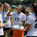 Female soccer team drinking electrolyte beverages during outdoor practice