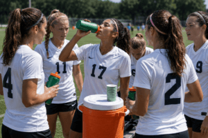 Female soccer team drinking electrolyte beverages during outdoor practice