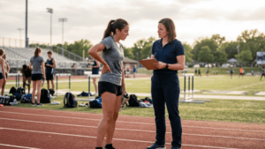Student athlete speaking with a trainer about lower back pain after track practice