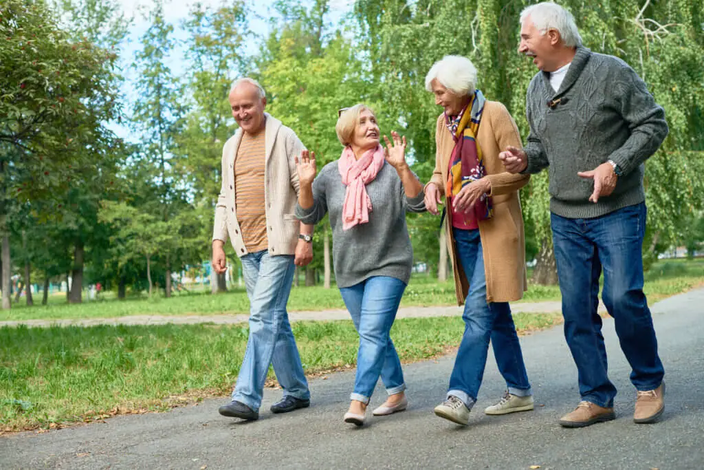 Group of older adults enjoy a walk together in a park in spring. 