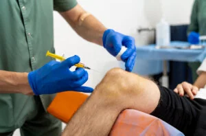 Sports medicine physician preparing PRP injection for post-traumatic arthritis